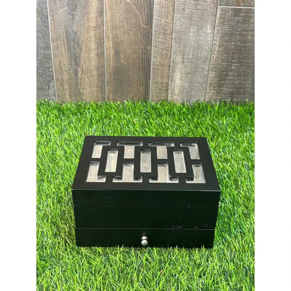 Black Wooden Jewelry Box Greek Key Mirrored Inlay 2 Tier Storage Organizer